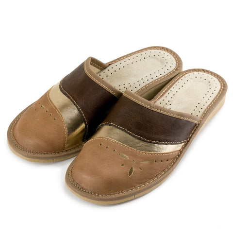 Brown and Gold closed toe slippers - Sizes 36 and 41 ONLY